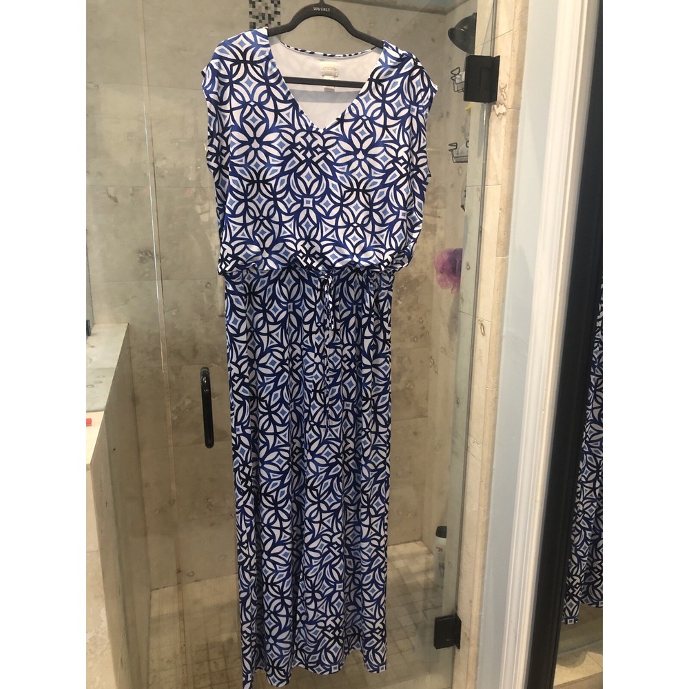 CHICO'S COLLECTION Batik Blue White Stretch Front Slit BOHO MAXI DRESS 2 12/14
